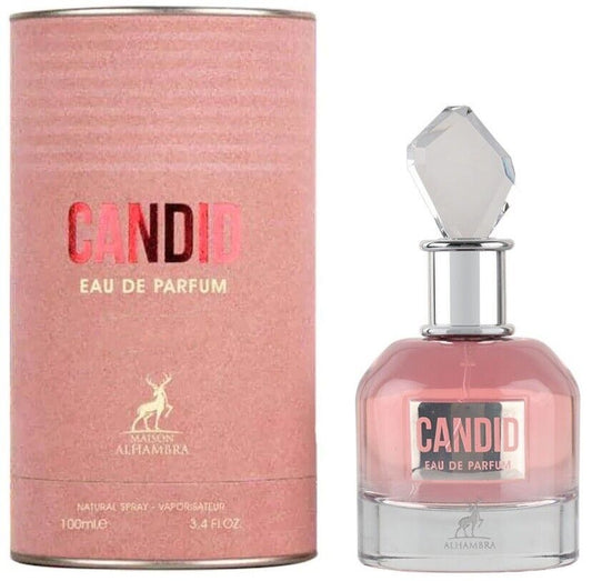 Candid Eau De Parfum 100ml by Maison Alhambra, displayed with its chic pink cylindrical packaging, embodying a luxurious blend of citrus, floral, and warm notes.