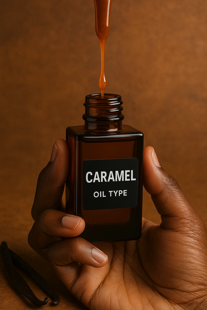 Caramel fragrance oil dripping into a brown glass bottle held by a dark-skinned hand, with vanilla pods in the background – sweet gourmand perfume oil perfect for fall and winter.