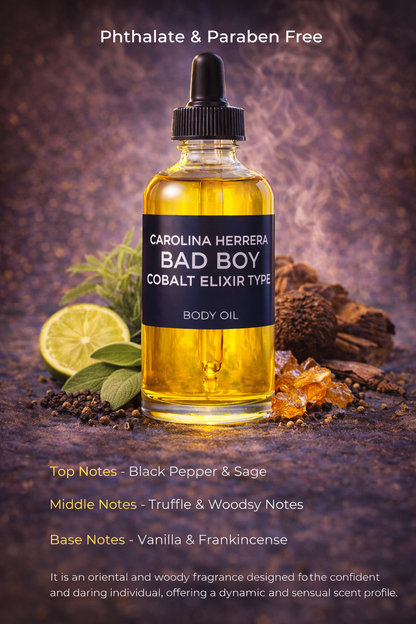 Carolina Herrera Bad Boy Cobalt Elixir inspired body oil bottle with black pepper, sage, vanilla, and woody notes representing an oriental woody fragrance by HA Fragrances.