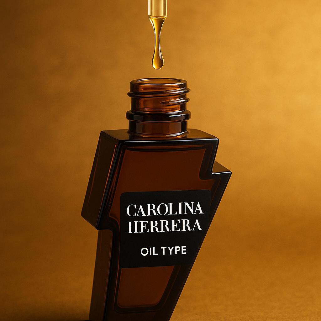 Carolina Herrera Bad Boy Type fragrance oil dripping into an angular designer-inspired amber bottle with a golden background – luxury men’s scent oil for fall and winter.