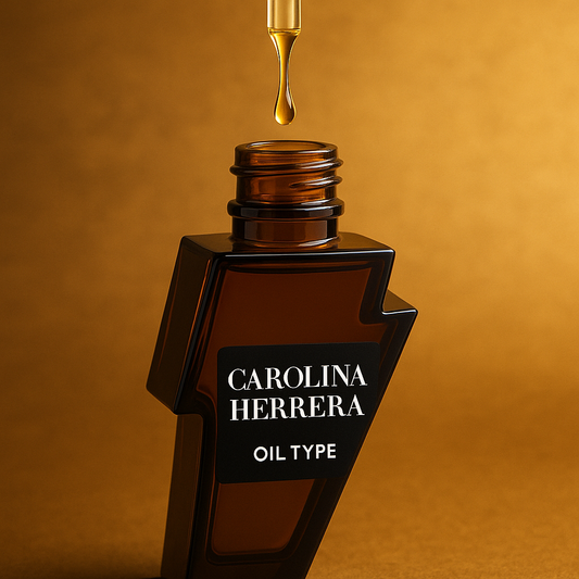 Carolina Herrera Bad Boy Type fragrance oil dripping into an angular designer-inspired amber bottle with a golden background – luxury men’s scent oil for fall and winter.