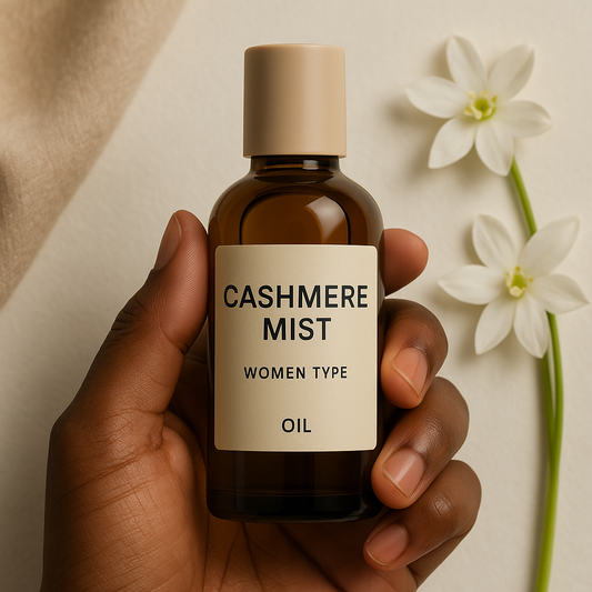 Cashmere Mist Women Type fragrance oil bottle held by a dark-skinned hand with white lily flowers and beige fabric in the background – soft, powdery, floral perfume oil for women.