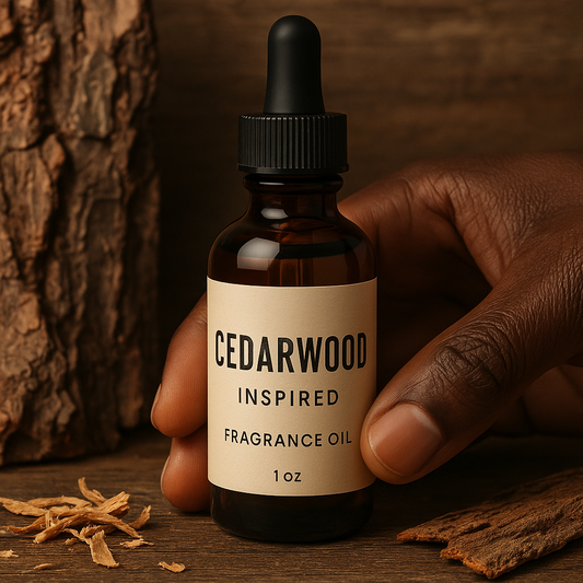 Cedarwood Inspired fragrance oil bottle held by a dark-skinned hand with wood bark, shavings, and a rustic wooden background – earthy, woody, and grounding perfume oil for men or unisex wear.