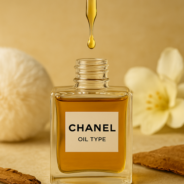 Chanel No. 5 Type fragrance oil dripping into a square glass bottle with classic label, surrounded by white floral petals and a powder puff – elegant powdery floral perfume oil inspired by Chanel.