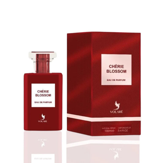 Cherie Blossom Eau De Parfum 100ml by Volare, presented with its stylish red packaging, capturing the luxury and charm of this captivating fragrance.