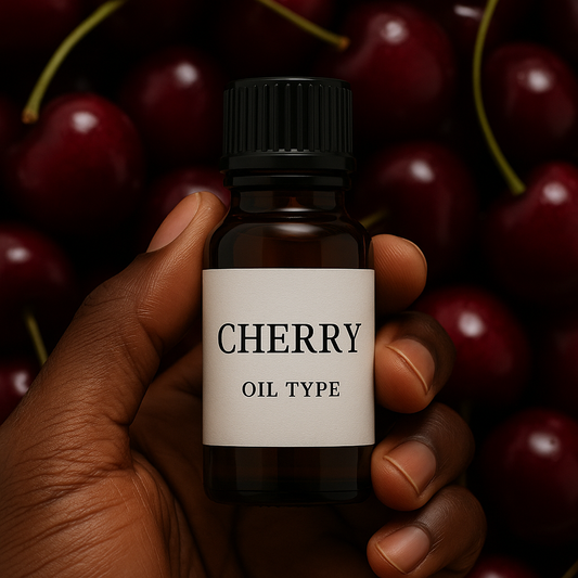 Cherry fragrance oil bottle labeled "CHERRY OIL TYPE" held by a dark-skinned hand with fresh red cherries in the background – sweet, juicy, fruity perfume oil.