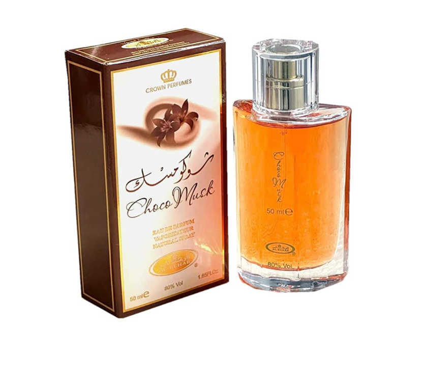 Choco Musk Eau De Parfum 50ml by Al-Rehab, displayed with its elegant brown and gold packaging, offering a luxurious blend of chocolate, vanilla, and musk notes.