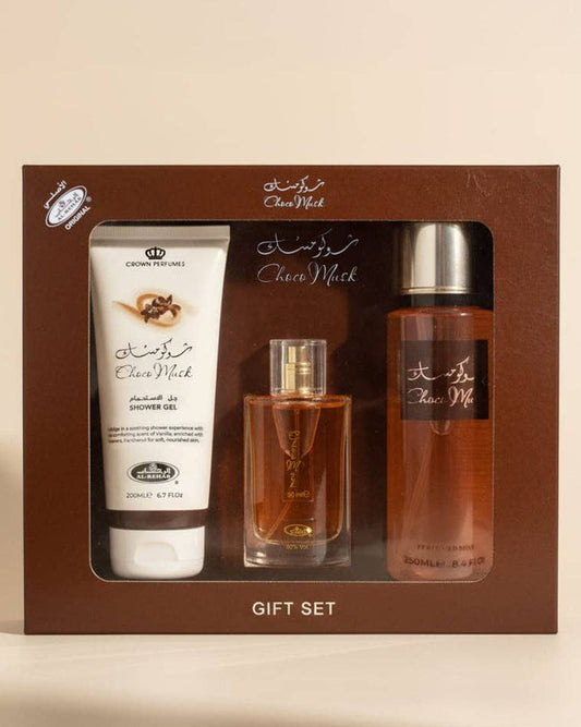Choco Musk 3-Piece Gift Set in brown packaging with perfume, shower gel, and body mist — warm gourmand fragrance by HA Fragrances.