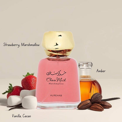 Choco Musk Marshmallow by Al Rehab with strawberries, marshmallows, amber, vanilla, and cacao illustrating fragrance notes