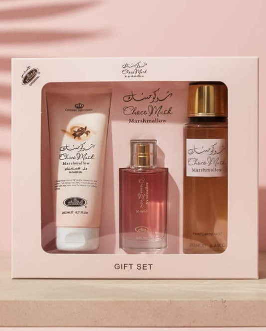 Choco Musk Marshmallow 3-Piece Gift Set with perfume, shower gel, and body mist — warm sweet gourmand fragrance by HA Fragrances.