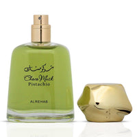 Choco Musk Pistachio 100ml bottle with gold cap removed by Al Rehab