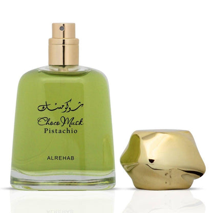 Choco Musk Pistachio 100ml bottle with gold cap removed by Al Rehab