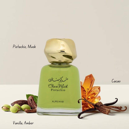 Choco Musk Pistachio perfume bottle with pistachios, cacao, vanilla, amber, and musk ingredients