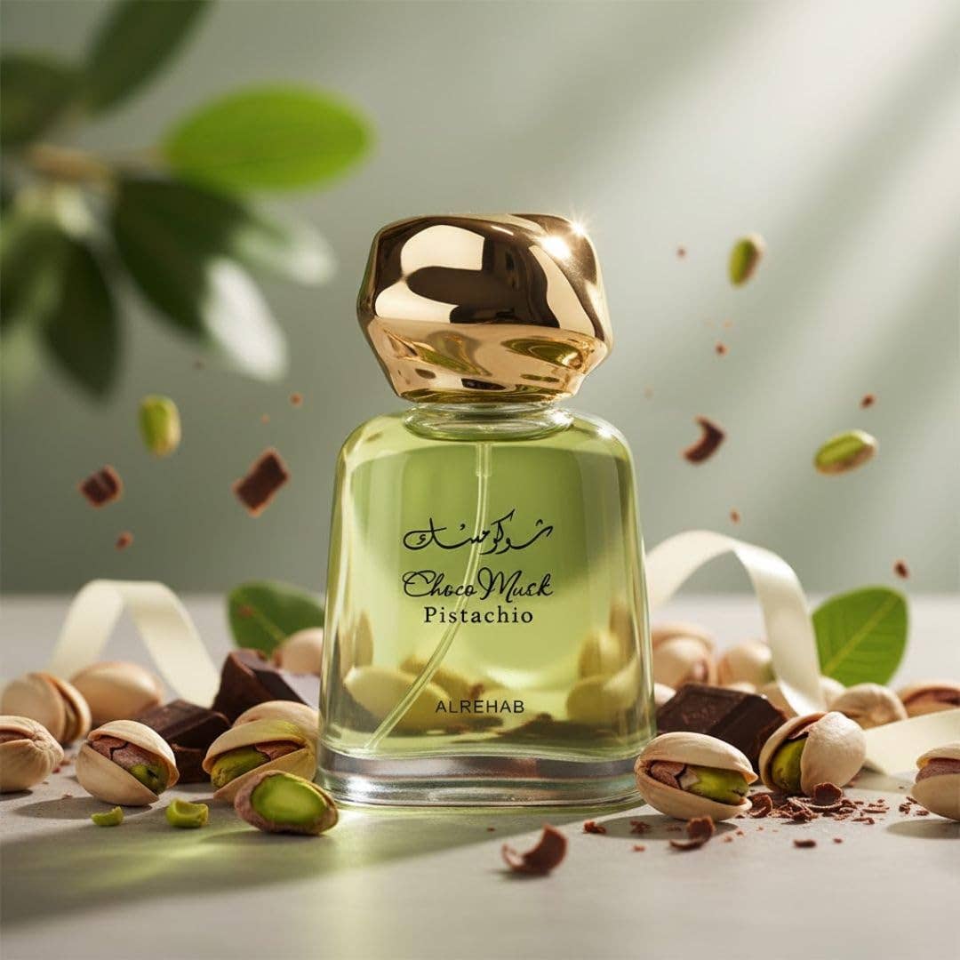 Choco Musk Pistachio perfume surrounded by pistachios and chocolate pieces