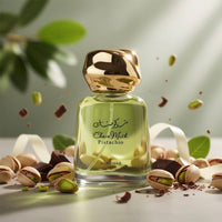 Choco Musk Pistachio perfume surrounded by pistachios and chocolate pieces