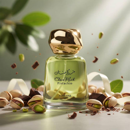 Choco Musk Pistachio perfume surrounded by pistachios and chocolate pieces
