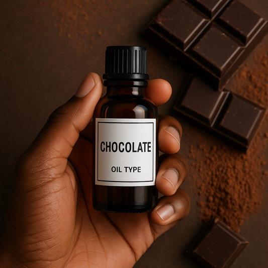 Chocolate fragrance oil bottle labeled "CHOCOLATE OIL TYPE" held by a dark-skinned hand with dark chocolate bars and cocoa powder in the background – warm, sweet, edible-inspired perfume oil.