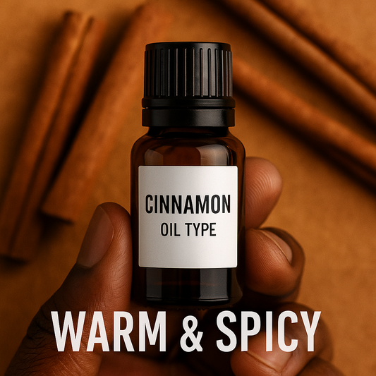Cinnamon fragrance oil bottle labeled "CINNAMON OIL TYPE" held by a dark-skinned hand with cinnamon sticks in the background and a bold text overlay reading "WARM & SPICY" – cozy and spicy perfume oil for fall and winter.