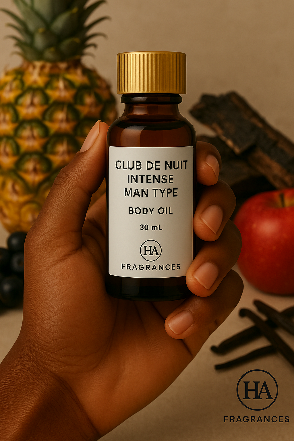 Dark-skinned hand holding HA Fragrances 30ml Club De Nuit Intense Man Type body oil bottle, with pineapple, apple, vanilla sticks, and blackcurrant in the background – bold, masculine, and woody fragrance.