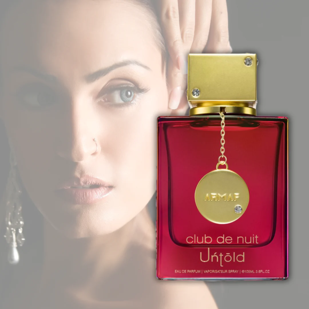 Club De Nuit Untold EDP bottle with a sophisticated backdrop, epitomizing elegance.