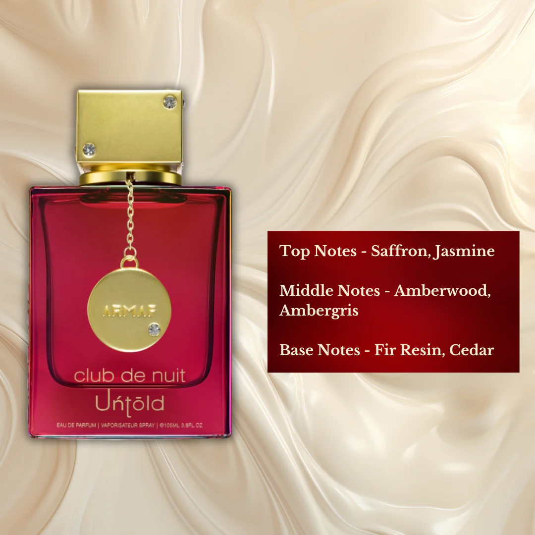 Detailed view of Club De Nuit Untold EDP bottle highlighting its notes and premium finish.
