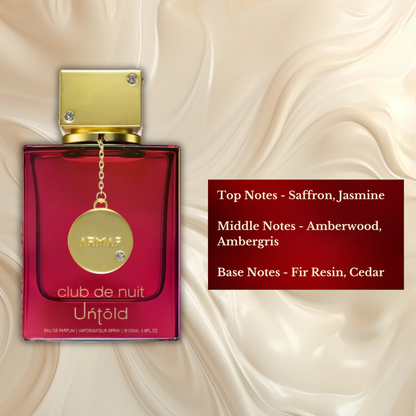 Detailed view of Club De Nuit Untold EDP bottle highlighting its notes and premium finish.