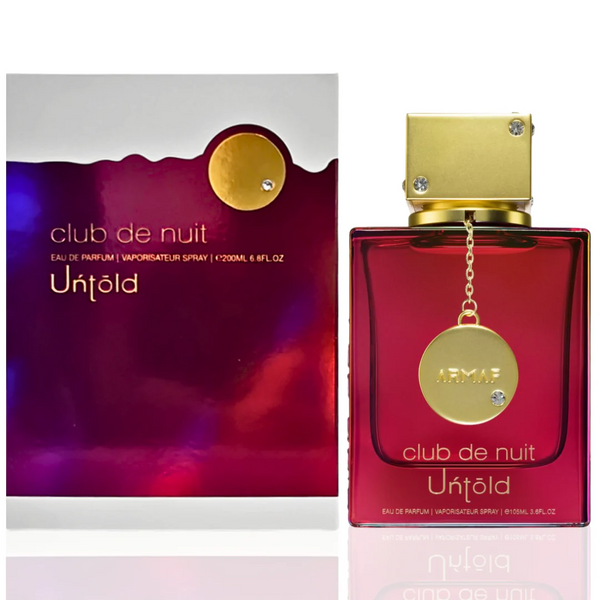 Club De Nuit Untold EDP 105ML by Armaf in an elegant red and gold packaging.