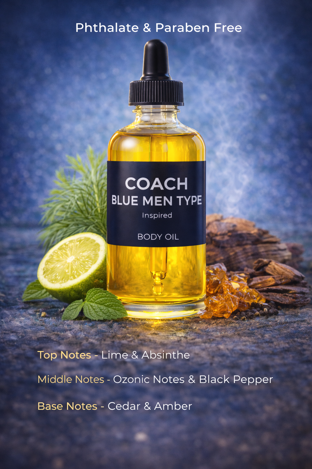 Coach Blue Men Type inspired body oil by HA Fragrances, phthalate and paraben free fragrance oil with lime, absinthe, ozonic notes, black pepper, cedar, and amber, clean fresh aromatic masculine scent.