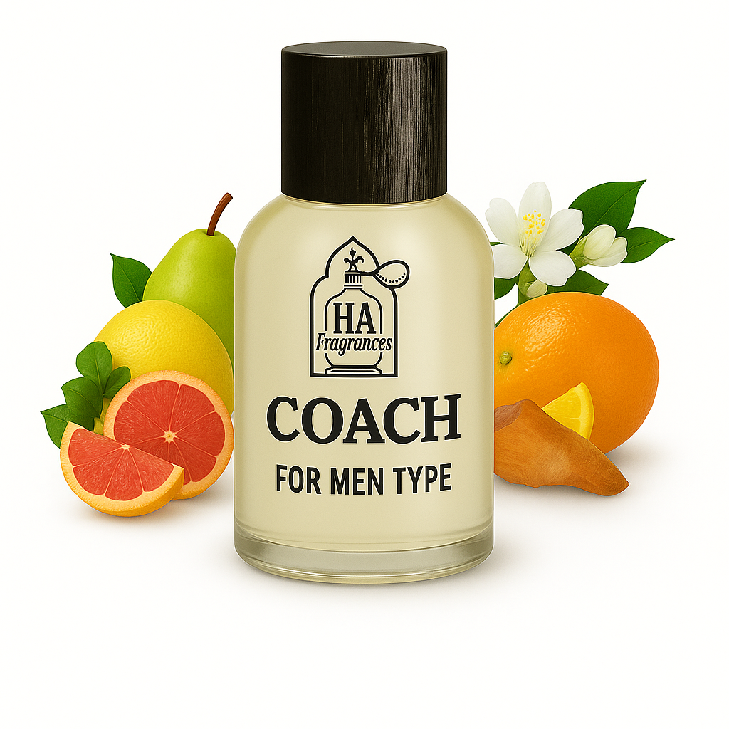 Coach for Men Type cologne oil bottle with HA Fragrances logo, surrounded by citrus fruits, orange blossom, and amberwood on a white background.
