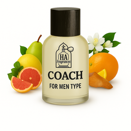 Coach for Men Type cologne oil bottle with HA Fragrances logo, surrounded by citrus fruits, orange blossom, and amberwood on a white background.