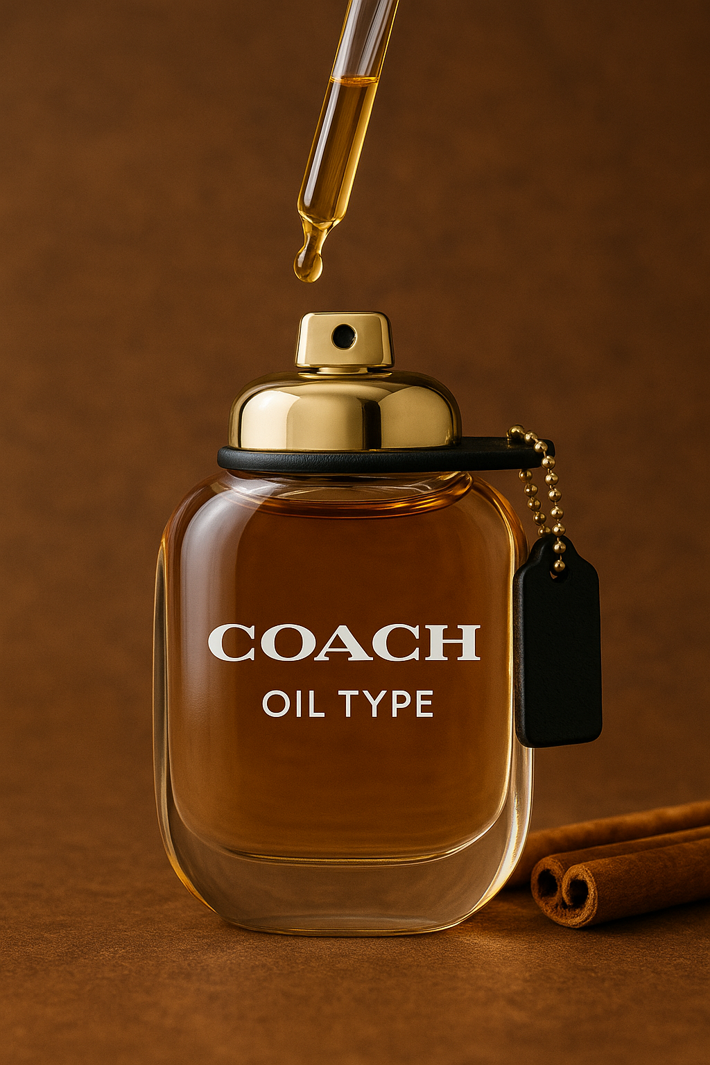 Coach Oil Type fragrance bottle with a golden cap and leather-style tag, shown with oil dripping from a dropper into the open bottle – elegant and warm background for luxury-inspired perfume oil.