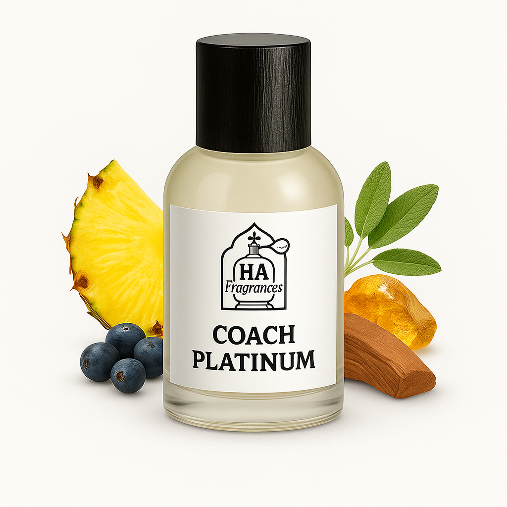 Coach Platinum Type cologne oil by HA Fragrances in a glass bottle with logo, surrounded by pineapple, juniper berries, sage, sandalwood, and amber.