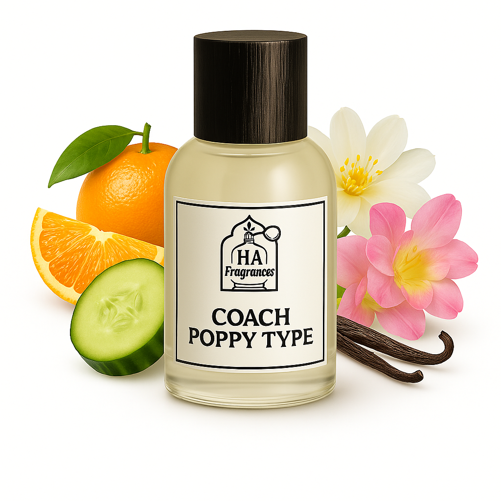 Coach Poppy Type perfume oil by HA Fragrances in a glass bottle with cucumber, mandarin orange, freesia, water lily, and vanilla bean.