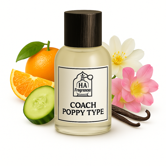 Coach Poppy Type perfume oil by HA Fragrances in a glass bottle with cucumber, mandarin orange, freesia, water lily, and vanilla bean.