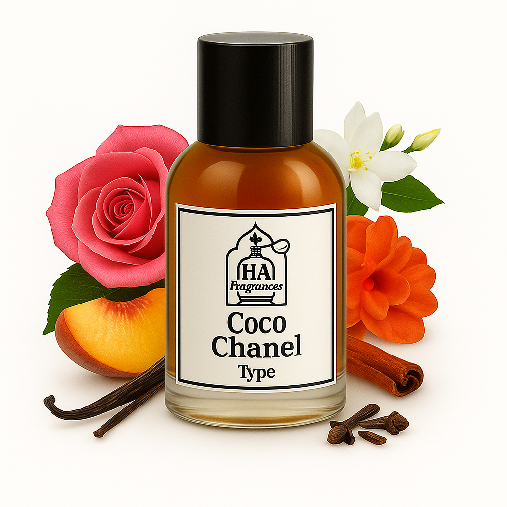 Coco Chanel Type perfume oil by HA Fragrances in a glass bottle, surrounded by rose, peach, jasmine, vanilla bean, cloves, and cinnamon on a white background.