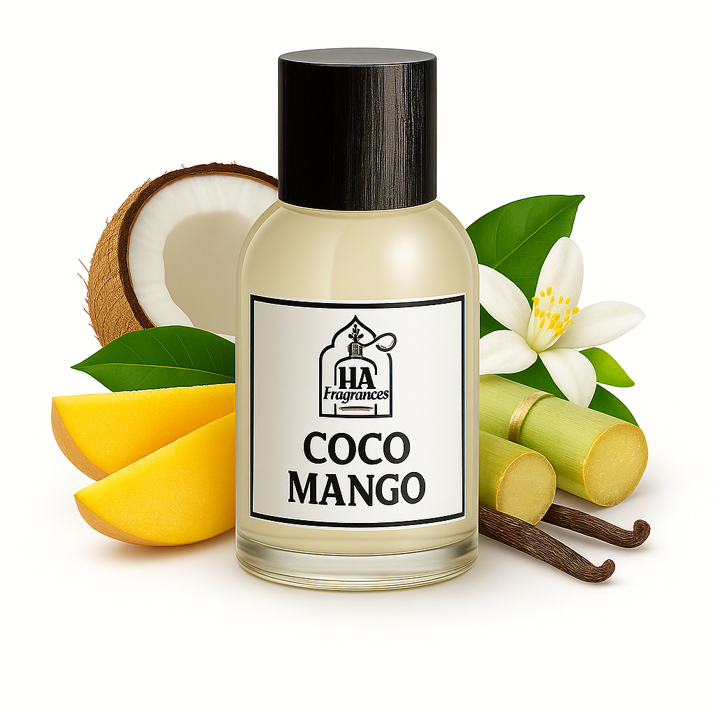 Coco Mango perfume oil by HA Fragrances in a glass bottle, surrounded by coconut, mango slices, sugarcane, vanilla bean, and white floral blossom on a white background.