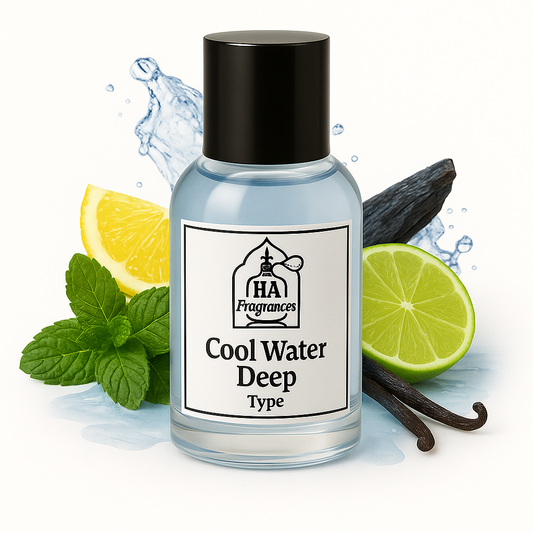 Cool Water Deep Type cologne oil by HA Fragrances in a clear bottle with mint, lemon, lime, vanilla bean, and water splash on a white background.