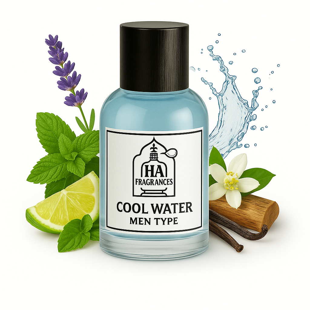 Cool Water Men Type cologne oil by HA Fragrances in a clear bottle with lavender, mint, lime, neroli flower, vanilla bean, and water splash on a white background.