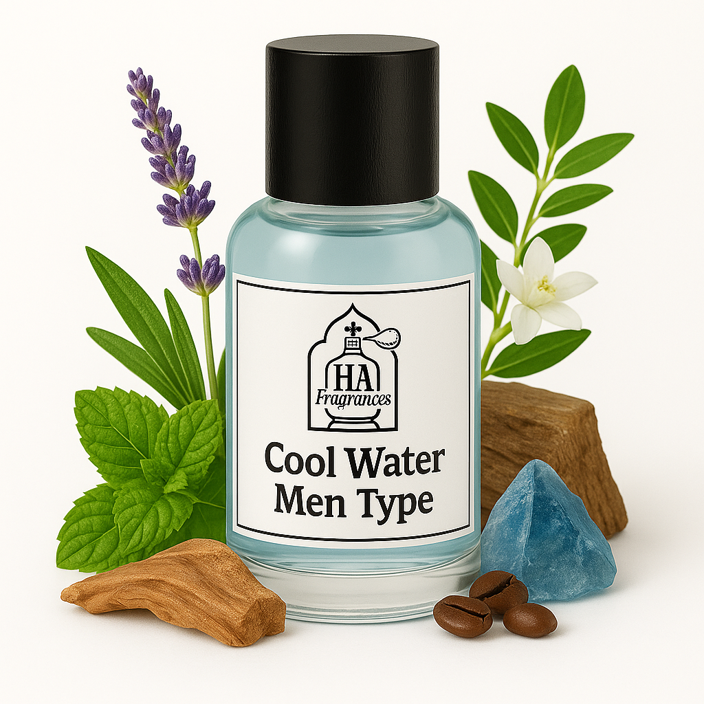 Cool Water Men Type cologne oil by HA Fragrances in a clear bottle with light blue liquid, surrounded by mint leaves, lavender sprigs, white jasmine, sandalwood, and a blue crystal on a white background.