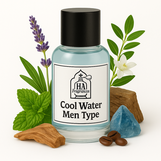 Cool Water Men Type cologne oil by HA Fragrances in a clear bottle with light blue liquid, surrounded by mint leaves, lavender sprigs, white jasmine, sandalwood, and a blue crystal on a white background.