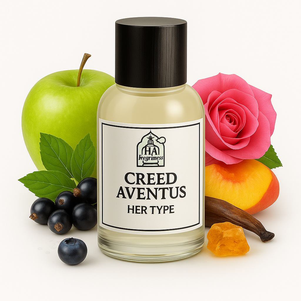 Creed Aventus Her Type perfume oil by HA Fragrances in a glass bottle, surrounded by green apple, black currant, peach, rose, amber, and vanilla bean on a white background.