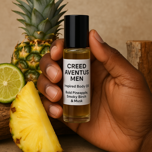 Hand holding a bottle of Creed Aventus Men inspired body oil with bold pineapple, smoky birch, and musk notes. Fresh pineapple, lime, and wood accents in the background.