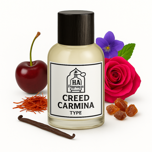 Creed Carmina Type perfume oil by HA Fragrances in a glass bottle, surrounded by cherry, saffron, rose, violet flower, vanilla bean, and frankincense resin on a white background.