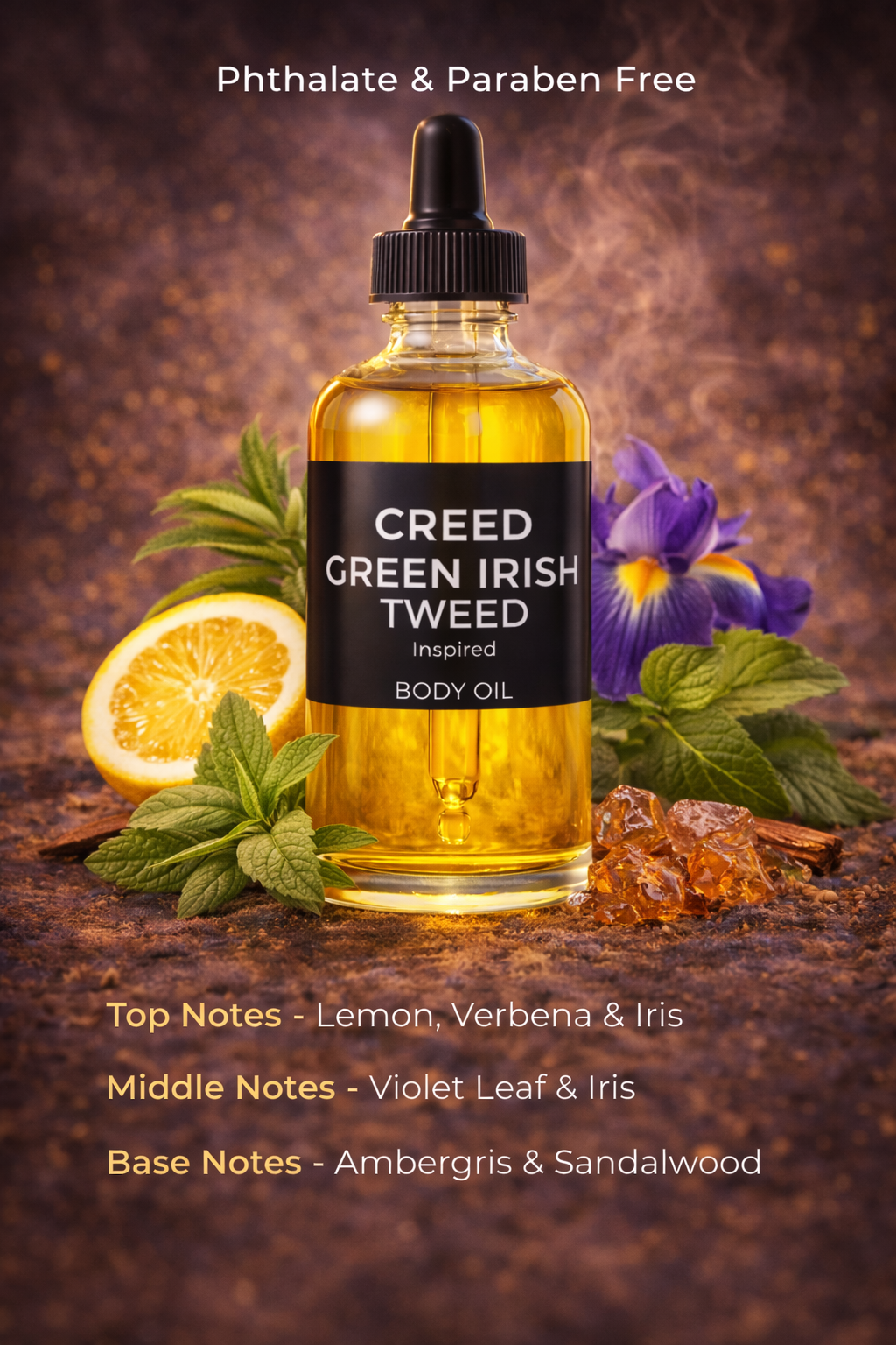 Creed Green Irish Tweed inspired body oil by HA Fragrances with lemon, verbena, iris, ambergris and sandalwood notes, phthalate and paraben free men’s fragrance oil.