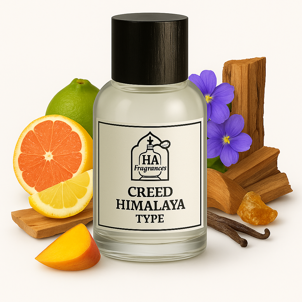 Creed Himalaya Type cologne oil by HA Fragrances in a glass bottle, surrounded by grapefruit, lemon, bergamot, sandalwood, amber resin, and violet flowers on a white background.