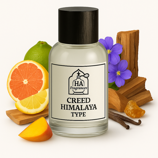 Creed Himalaya Type cologne oil by HA Fragrances in a glass bottle, surrounded by grapefruit, lemon, bergamot, sandalwood, amber resin, and violet flowers on a white background.