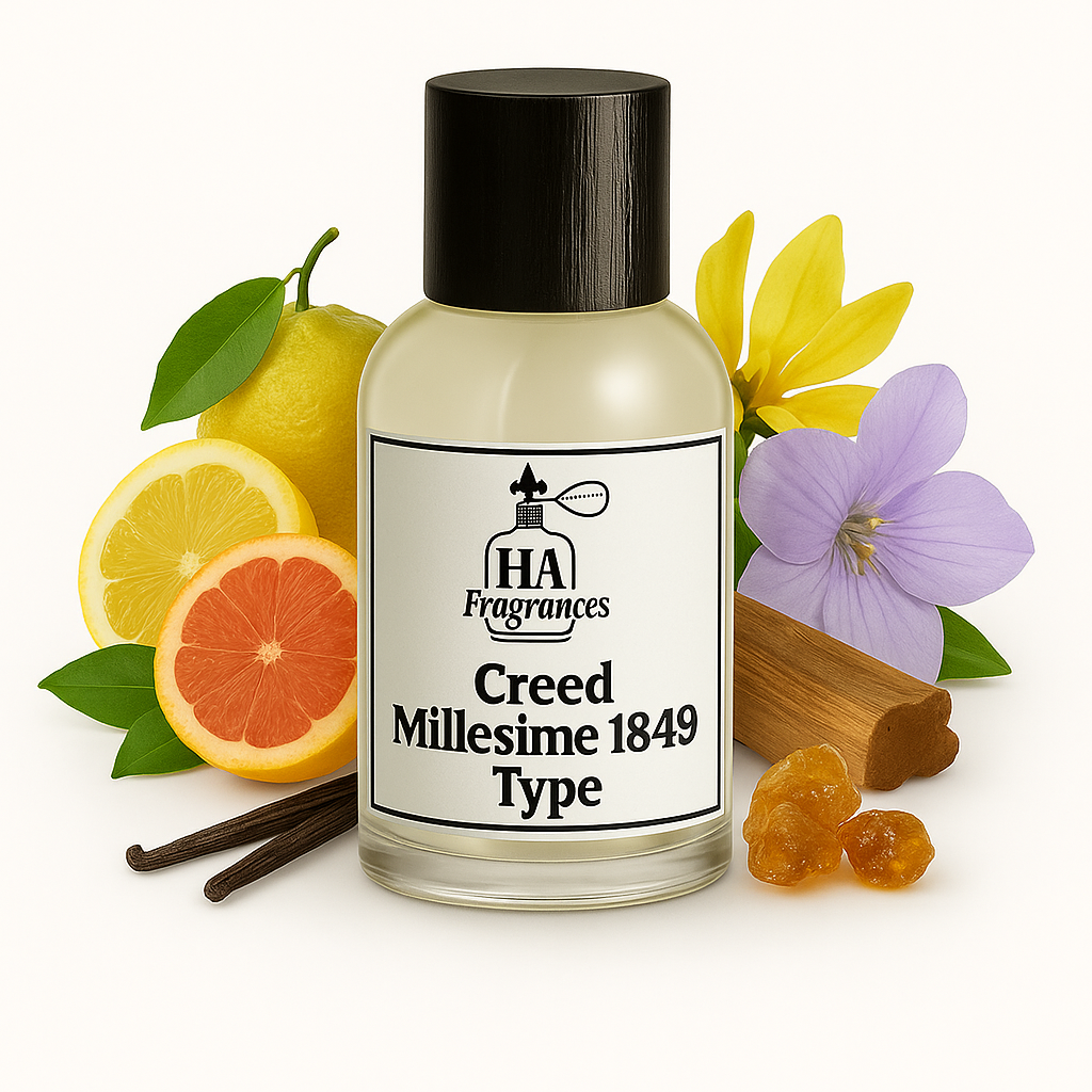 Creed Millesime 1849 Type perfume oil by HA Fragrances in a glass bottle, surrounded by lemon, grapefruit, ylang-ylang, iris flower, cedarwood, vanilla bean, and incense resin on a white background.