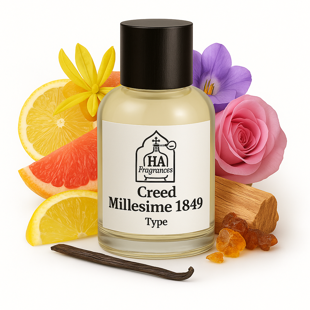Creed Queen of Silk Type perfume oil by HA Fragrances in a glass bottle, surrounded by saffron threads, magnolia, rose, violet, oud wood, and myrrh resin on a white background.