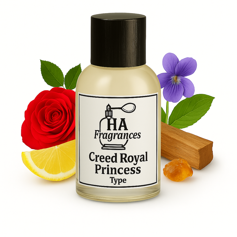 Creed Royal Princess Type perfume oil by HA Fragrances in a glass bottle, surrounded by red rose, lemon slice, violet flower, sandalwood, and amber resin on a white background.