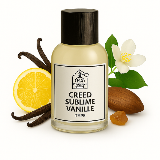 Creed Sublime Vanille Type perfume oil by HA Fragrances in a glass bottle, surrounded by lemon slice, vanilla beans, jasmine flower, tonka bean, and amber resin on a white background.
